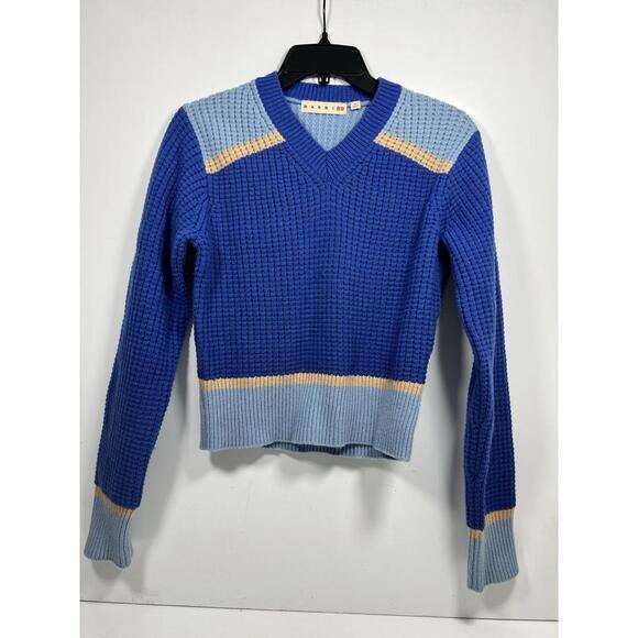 Marni x Uniqlo Popcorn Knit V-Neck Sweater Blue Women Sz Med Preppy - Picture 3 of 9